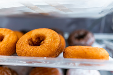Brown plain donuts closeup on bakery tray deep fried with holes on plastic display counter with...