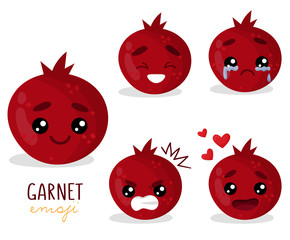 Fototapeta premium Set of emoji garnet with different emotions, smile, laugh, anger, cry, love. An isolated vector illustration with a shadow under each character.