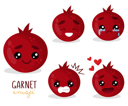 Set of emoji garnet with different emotions, smile, laugh, anger, cry, love. An isolated vector illustration with a shadow under each character.