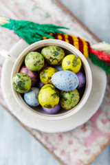 Colorful Easter Eggs. Bright wooden background. Top view. 