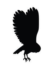 Cute flying barn owl (tyto alba) with white face and brown wings cartoon wild forest bird animal design flat vector illustration isolated on white background