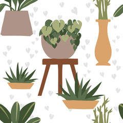 Naadloze patroon huis decoratieve en buiten tuin planten in potten instellen groene planten platte vectorillustratie op witte achtergrond