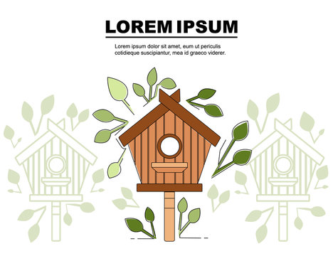Nesting box on wooden pole wooden birdhouse flat vector illustration on white background with green leaves advertising flyer banner design