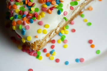 piece of cake on a white plate top view close