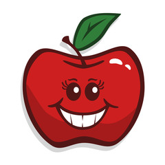 Vector drawing of a cute red apple with a big smile and eye lashes. Can represent healthy eating, dentistry, orthodontics, fruits, a diet, oral hygiene, fruits, vitamins or cooking.