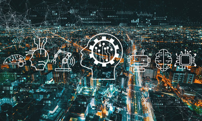 Future technology concept with aerial cityscape view of Japan at night