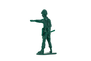 Green toy soldiers on white background. Soldier one on six models. (1/6) Picture six on sixteen viewing angles. (06/16)