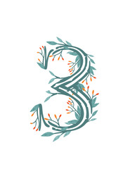 Number 3 style tree branches with leaves and berries botanical flowers floral art design element flat vector illustration