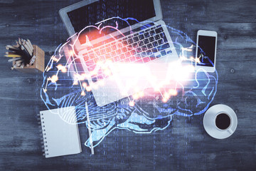 Multi exposure of brain sketch hologram over topview work table background with computer. Concept of big data.