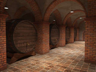 Wine barrels in wine-vaults. Mixed media. Interior of wine vault with wooden barrels.