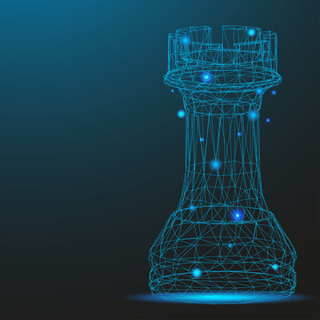 Chess piece rook consisting of points and lines. Low poly wireframe on blue background. Creative minimal concept. Abstract illustration of a starry sky of galaxies. Digital Vector illustration.