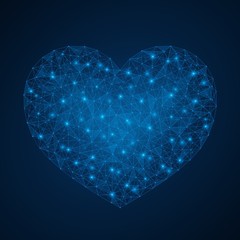 Heart. A symbol of charity, kindness and love. Abstract low-poly design. Blue background.