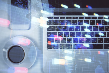 Multi exposure of data theme drawing hologram over topview work desk background with computer. Concept of technology.