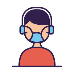 call center worker with headset and face mask line and fill