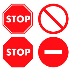 Stop signs collection in yellow, red and white, traffic sign to notify drivers and provide safe and orderly street operation. Vector flat style illustration isolated on white background - Vector