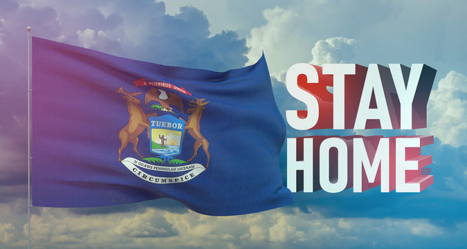 Stay home stay safe - letter typography 3D text for self quarantine times concept with flag of the states of USA. State of Michigan flag Pandemic 3D illustration.