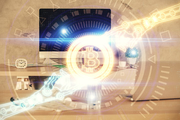 Double exposure of crypto technology theme drawing and office interior background. Concept of blockchain.