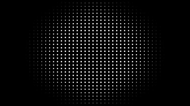 White polka dots against black background. Concentric growing circles seamless loop transition