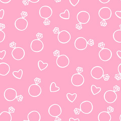 Seamless pattern of hand sketched diamond rings and hearts. Doodle wedding or bridal shower vector background. Easy to edit template for fabric, textile, wrapping paper, etc.