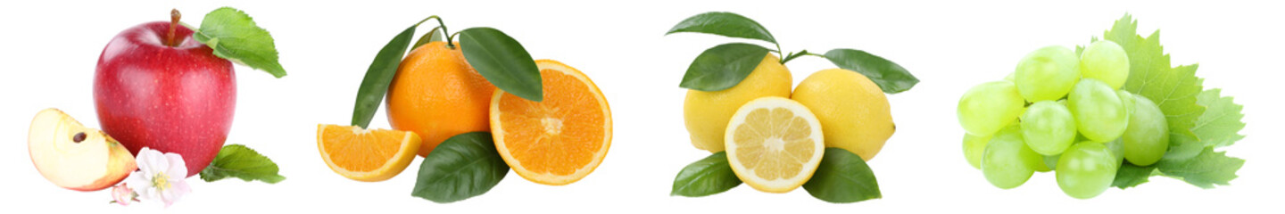 Food collection fruits apple orange grapes apples oranges fresh fruit in a row isolated