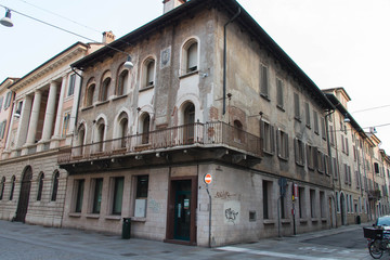 Fototapeta na wymiar Medieval building in Brescia Old Town, Lombardy, Italy.