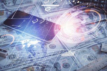 Double exposure of data theme drawing over us dollars bill background. Technology concept.