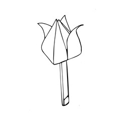 Origami tulip isolated on white background. Black outline. Hand-drawn coloring book