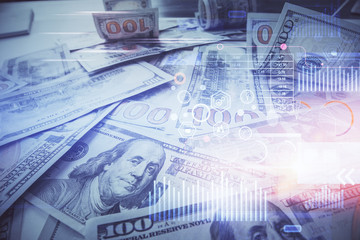 Double exposure of data theme drawing over us dollars bill background. Technology concept.