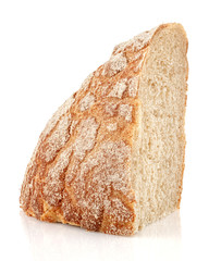 Piece of rye bread isolated on white background with reflection on glossy surface