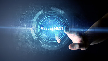 Hand touching ASSESSMENT button, modern business technology concept