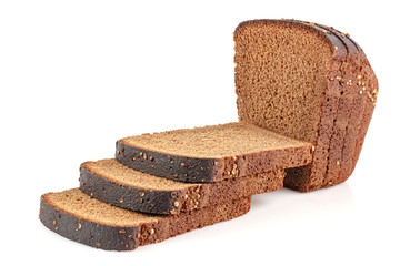 Sliced rye bread with coriander seeds on top isolated on white background with reflection on glossy...