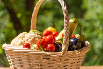 Fresh tasty vegetables in a wicker basket on a wooden table in a summer garden closeup