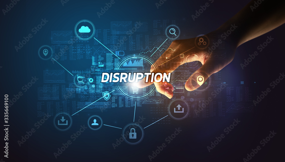 Wall mural hand touching disruption inscription, cybersecurity concept