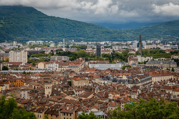 Fototapeta premium Aerial view of the old town section of Grenoble France on an overcast rainy day