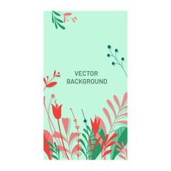 Flat design floral vector background. Red exotic plants on green background