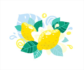 Fresh yellow lemons with lemon juice splash. Organic food fruit with abstract vector leaves and swirls illustration.
