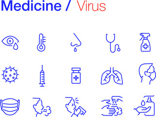 Medicine icon set illustration about health, virus, simptoms, protaction. Wallpaper, background, graphic symbols.