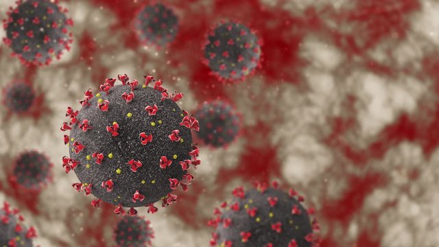 Covid-19 infection in close-up. (SARS-CoV-2) 2019-nCoV. Virus or bacterial infection in human lungs. Infection of respiratory tract. Realistic macro animation of coronavirus cells