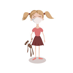 Little girl with blond hair on a white background in a medical mask. Isolated flat design vector. Teddy bear with long paws wearing a medical mask