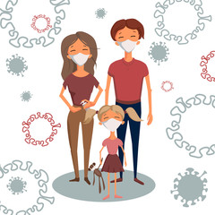 Family wearing medical masks surrounded with coronavirus COVID-19. Father, mother and a little girl with a toy in medical masks