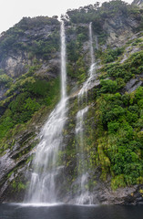 Fiords Mountans Hills Sea Waterfall Boat Fiorland Milford Sound Doubtful Sound New Zealand 