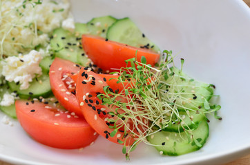 food, salad with vegetables, cottage cheese and micro grill in a deep plate