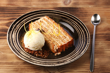 chocolate cake with ice cream tasty dessert with dessert spoon closeup