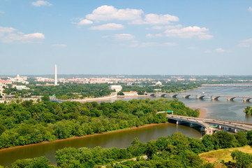 Fototapeta premium Washington D.C. aerial view with US Capitol, Washington Monument, Lincoln Memorial and Jefferson Monument and Potomac River