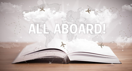 Open book with ALL ABOARD! inscription, vacation concept