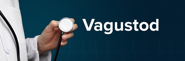 Vagustod. Arzt im Kittel hält Stethoskop. Das Wort Vagustod steht daneben. Symbol für Medizin,...