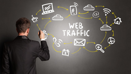 businessman drawing social media icons with WEB TRAFFIC inscription, new media concept