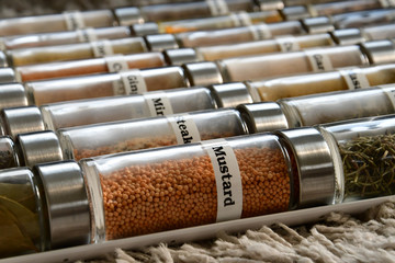 Close up of glass herb jars