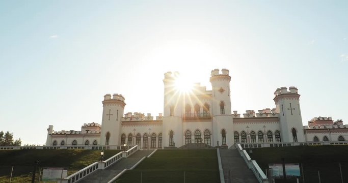 Kosava, Belarus. Summer Sun Shine Above Kosava Castle. It Is A Ruined Castellated Palace In Gothic Revival Style. Puslowski Palace Castle. Landmark And Heritage. Set, Bunch.
