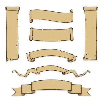 Vector set of ancient parchment scrolls in a cartoon style isolated on white.
